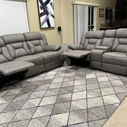 Beautiful Brand New Designer Grey Dual Reclining Sofa And Loveseat 
