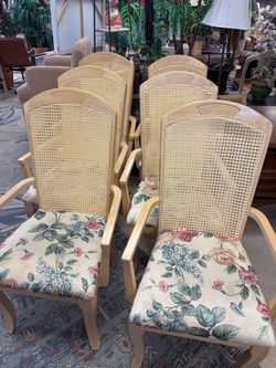 Set of 6 Cane Back Dining Chairs with Floral Seats