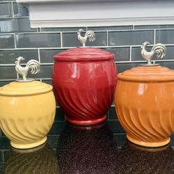 Vintage Lillian Vernon Canister Jar Set with Rooster Pewter Toppers