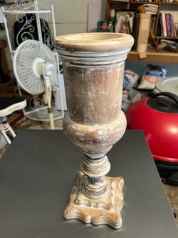 Large Distressed Wood Pillar Candle Holder – $25