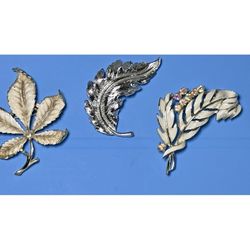 Vintage Lot 3 Leaf Branch Brooch Silvertone Goldstone, Enameled Rhinestone 2"