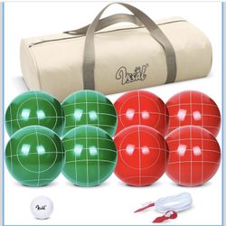 Brand New Red/Green Bocce Ball Set Regulation Size and Weight for Professional Tournament, Backyard, Beach, Lawn Game with 8 Resin Bocci Balls, Pallin
