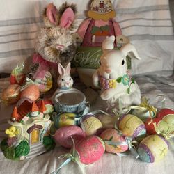 Easter Bunny Lot (3 Vintage Ceramic Easter Figures, Wall Hanging, Stuffed Animal That Sings and 16 Painted Styrofoam Decorative Eggs
