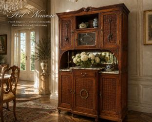 Antique Art Nouveau Quarter Sawn Tiger Oak Buffet & Hutch – Portoro Marble & Mirror (c. 1900)