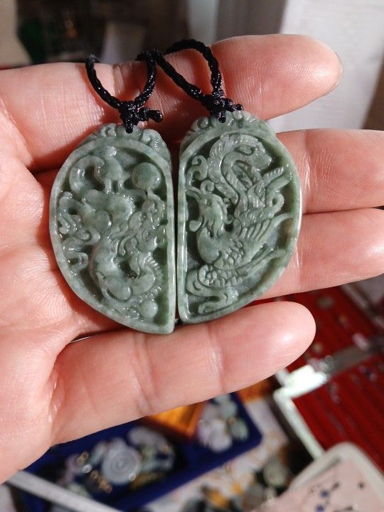 Certified Genuine Jade Jadeist Dragon.phoenix Haopy Couple Goodluck Pdnts Rope Or Chain Gold Color