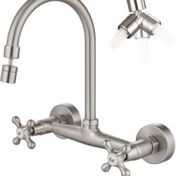 Airuida Wall Mount Kitchen Faucet with Sprayer Wall Mounted Kitchen Sink Faucet Double Cross Handles 360 Degree Swivel Spout Restaurant Mixer Tap Comm