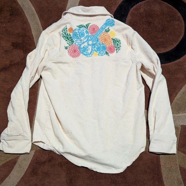 Disney Coco Sugar Skull Roses White Corduroy Shirt Jacket Size Small 