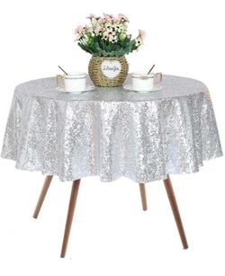 JYFLZQ Silver Round Sequin Tablecloth 50" Small Sparkly Silver Metallic Table Cloths Table Cover Overlay For Wedding Birthday Party Baby Bridal Shower