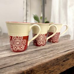 Pier 1 Imports Maribeth Burgundy Floral Ironstone Mugs Set of 3 Coffee Cups