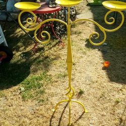 Vintage Yellow Floor Candelabra Stand, 3 Candle Votive Pillar Holder