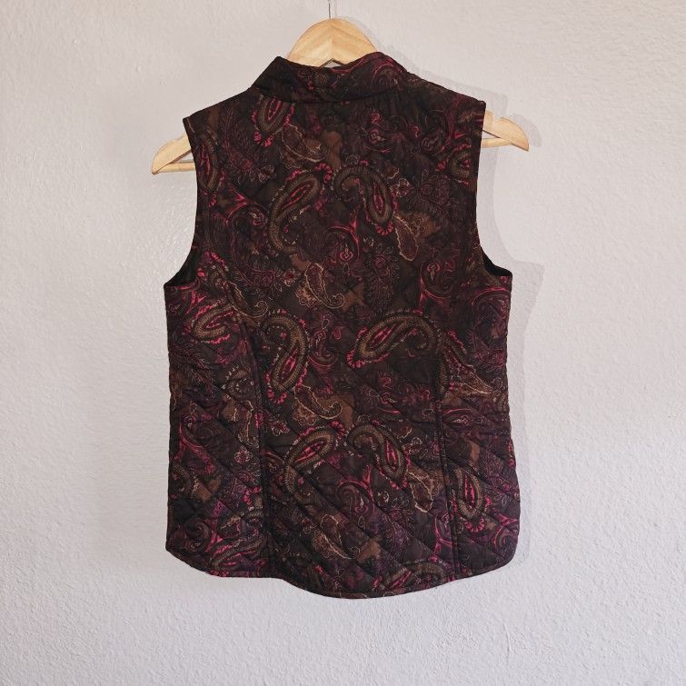 J. Jill Heritage Quilted 2-Way Zip Front Vest Brown & Red Paisley Print Size petite XS.