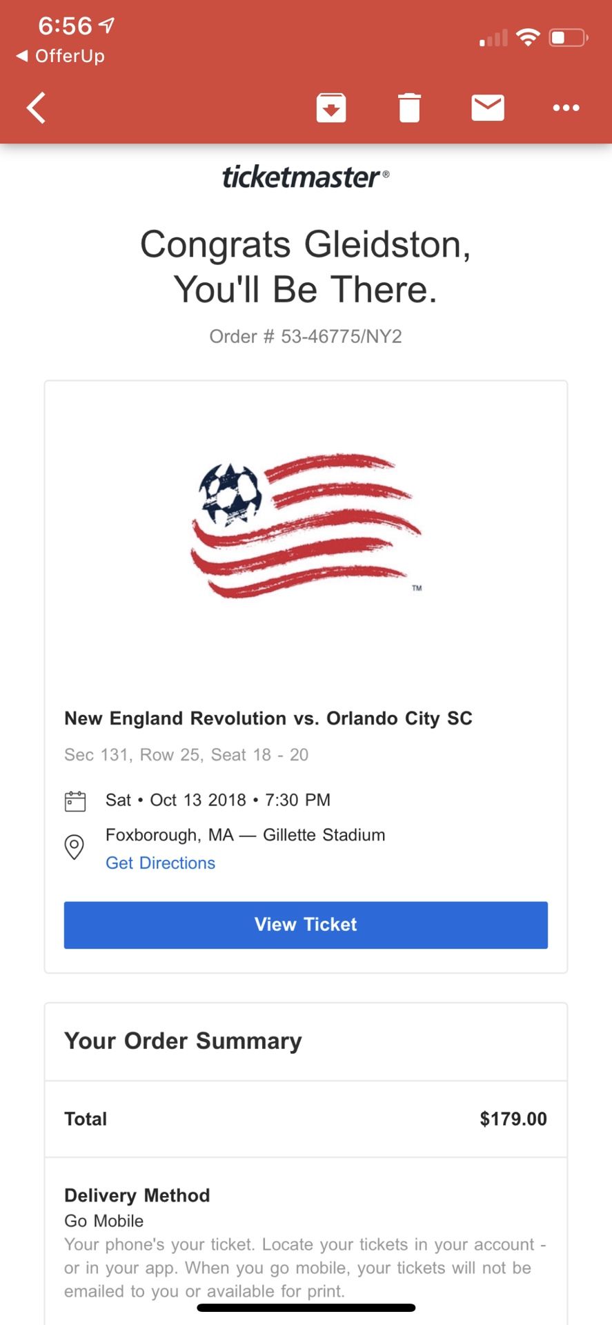 3 tickets New England revolution vs Orlando city Saturday