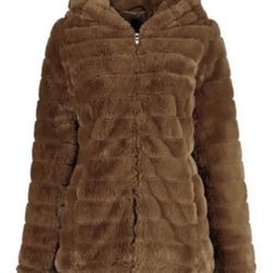 Steve Madden Women's Medium Faux Fur Cognac Quilted Zip Hoodie Coat Jacket