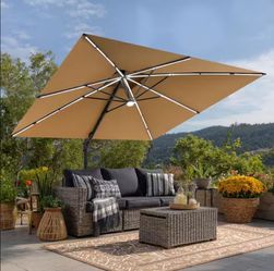 11 ft. x 11 ft. Aluminum Solar LED Patio Umbrella Outdoor 360° Rotation Cantilever Offset Umbrella in Tan
