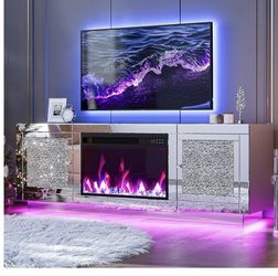 IKIFLY Mirrored Fireplace TV Stand for 65+ inch TV, Mirrored TV Stand with Crushed Diamond & LED Light, Silver Media Entertainment Center with Firepla