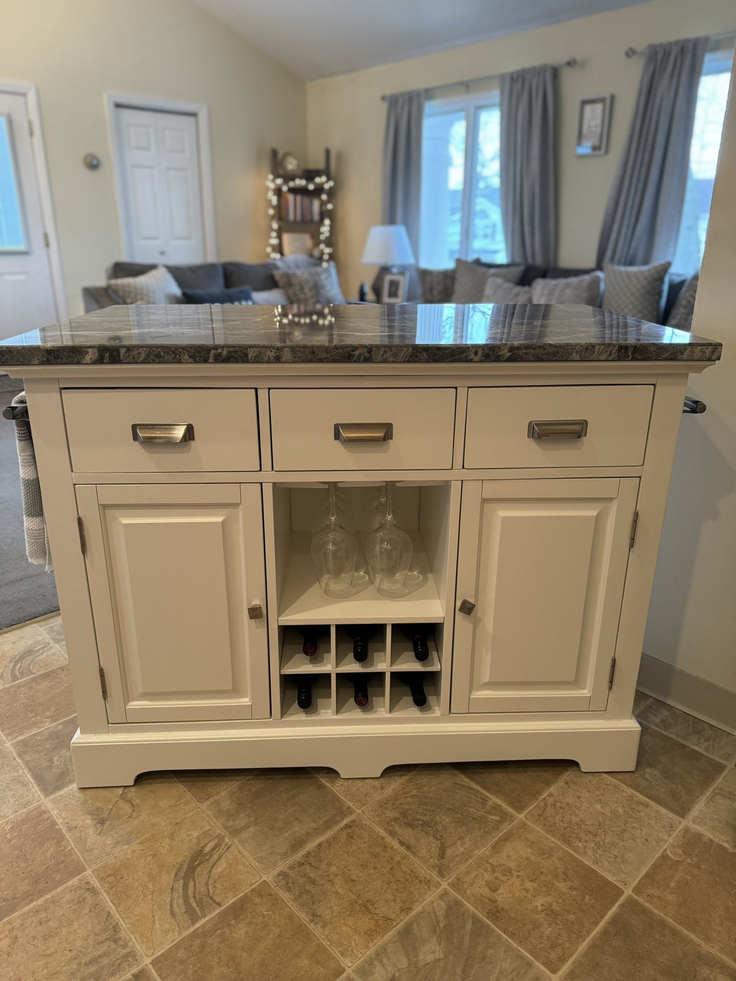 Sofia 3 Piece White Marble Upholstered Kitchen Island Set