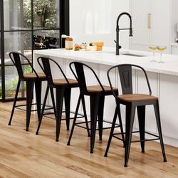 Set of 4 Industrial Farmhouse Black High Back Metal Bar Height Barstools