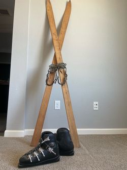 Vintage Wooden skis and boots