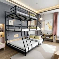 Triple Bed with Long and Short Ladder & Full-Length Guardrails , Easy Assembly ,for Kid Boy Girl ,Black