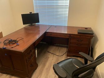 Solid wood L shaped desk with matching lateral file cabinet