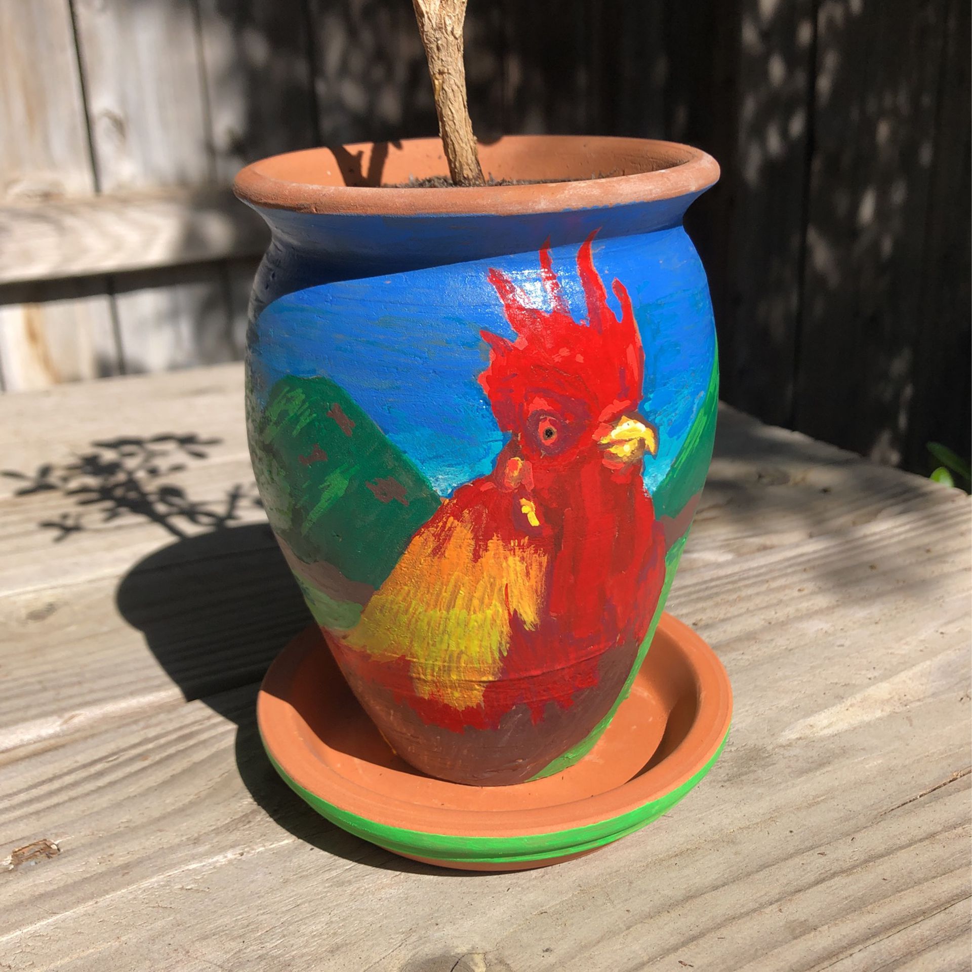 Rooster Hand Painted Ceramic Pot