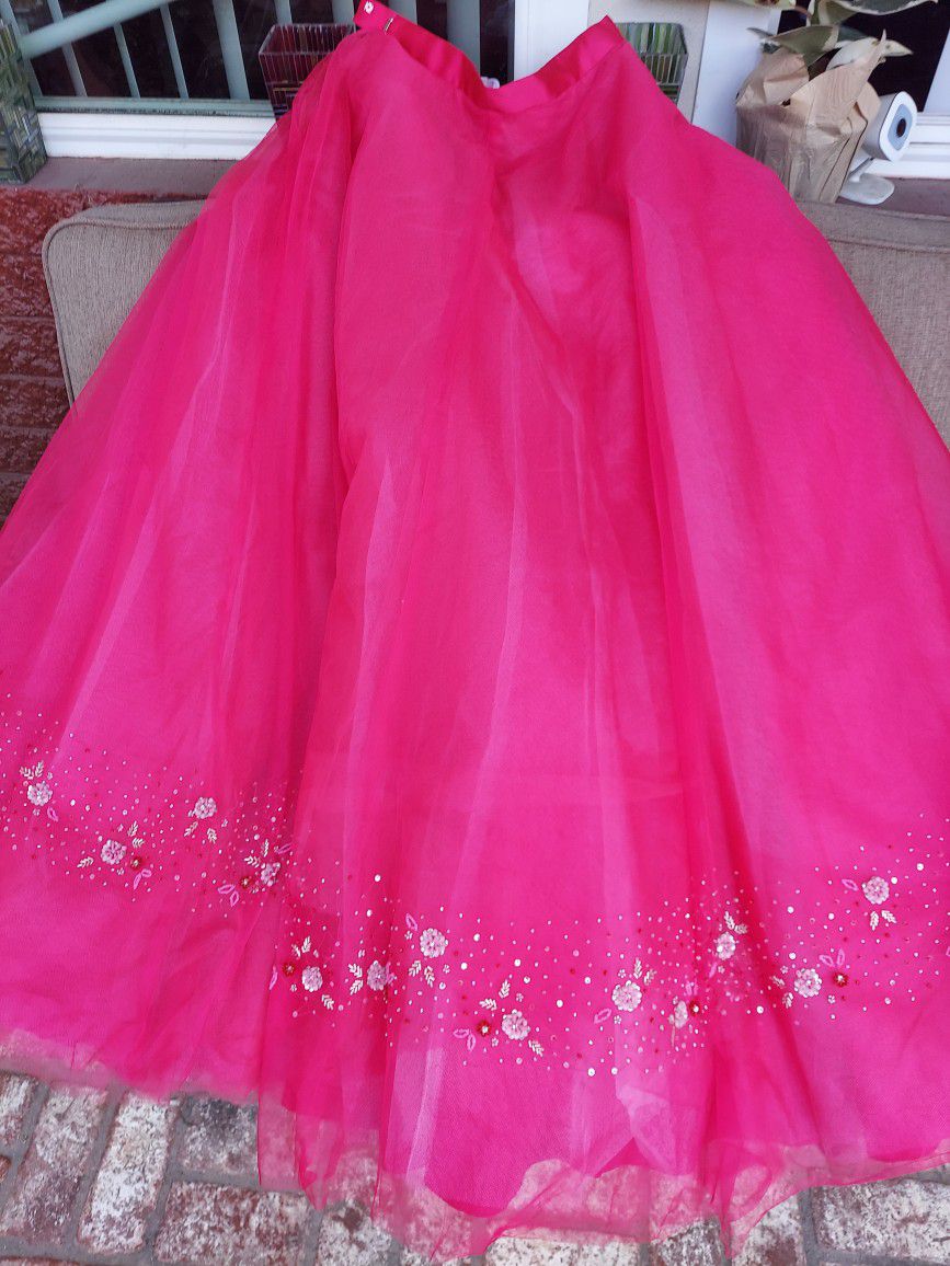 Formal Quinceañera Tulle Prom Formal Skirt Hot Pink Beaded 