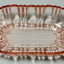 VTG Hocking Pink Depression Glass 7" Oval Ribbed Relish Nut Candy Dish w/Handles