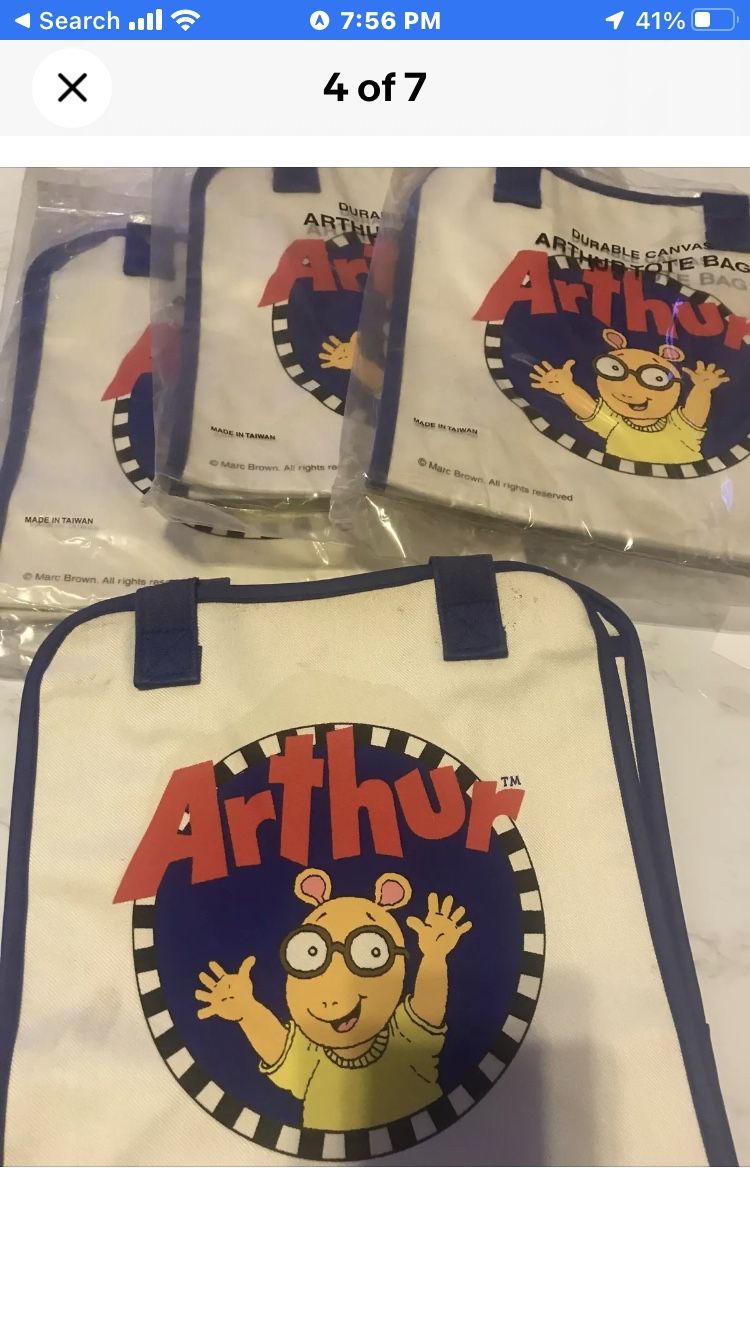 5 RARE 🔥Vintage Collectible Arthur PBS Cartoon Aardvark 🔥Canvas Tote Bag 🔥