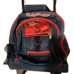 Vintage Harley Davidson Denim Backpack Luggage Rolling Small Book Bag Blue