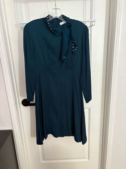 Sandro Studded Teal Emerald Blue Satin Dress with Neck Tie Size 40 Medium