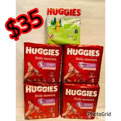 (4) Huggies little movers size 5 (19ct) & Huggies natural care (168ct) 