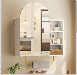 Bathroom Medicine Cabinet with Mirror, Bathroom Mirror with Storage, Arched White Bathroom Vanity Mirror Cabinet with 2 Adjustable Shelves & Towel Bar