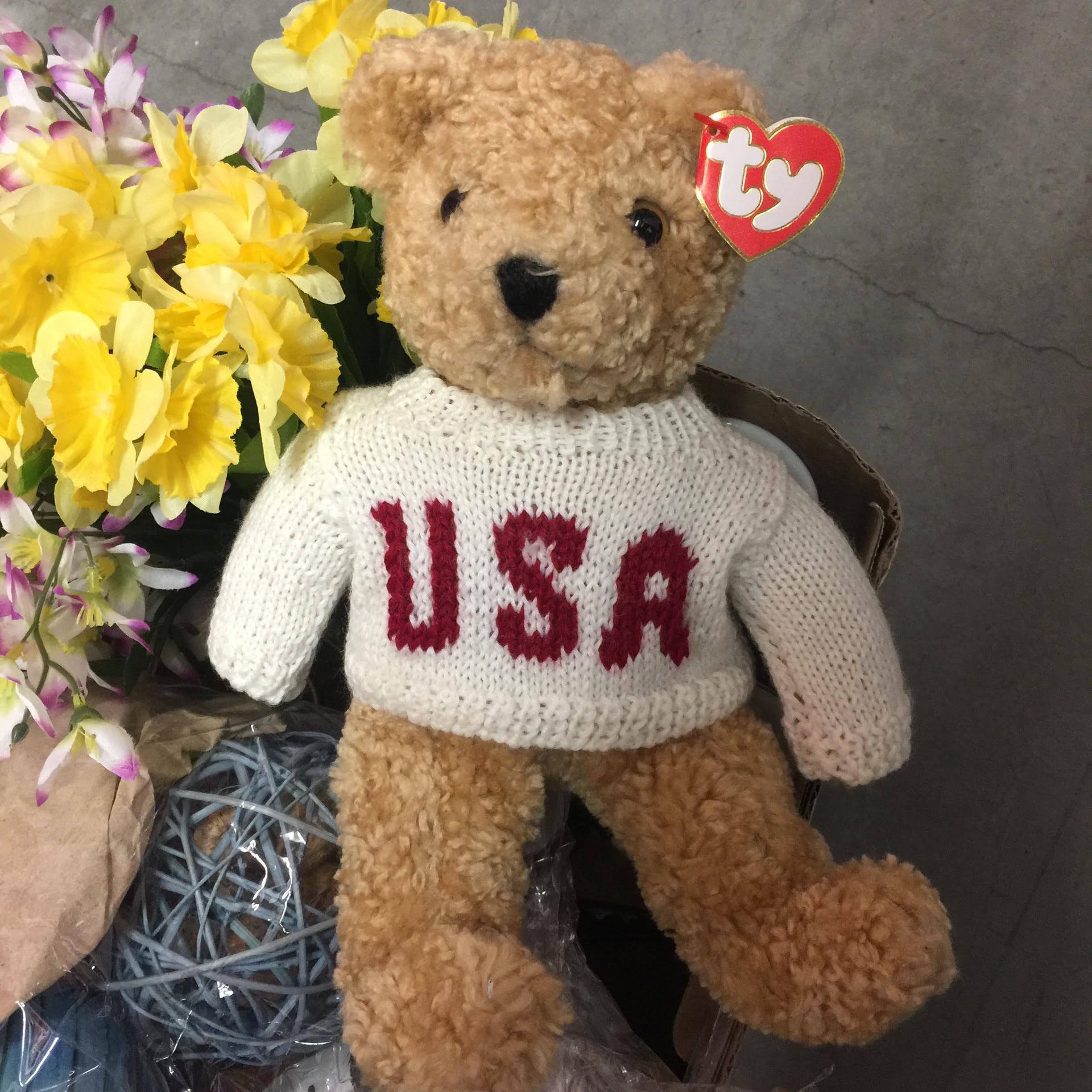 TY Beanie Babies Baby Curly Brown Bear USA Olympic Sweater Vintage 1992
