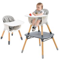 Wooden Baby High Chair W/Removable Tray & Safety Harness, 5-in-1 Kids Chair Table Set/Booster Seat/Infant Feeding Chair | Grows with Your Child | Adju
