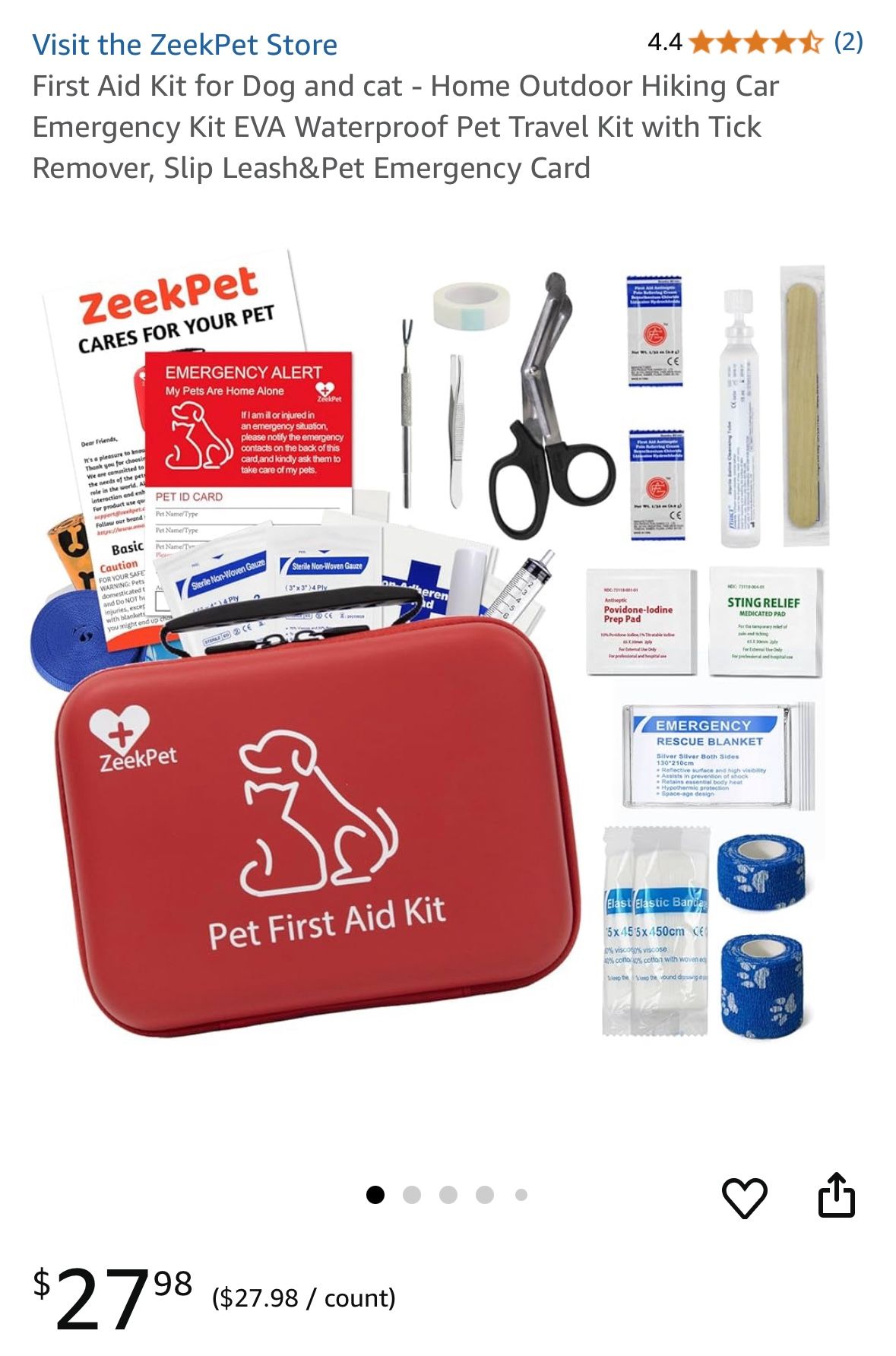 First Aid Kit for Dog and cat - Home Outdoor Hiking Car Emergency Kit EVA Waterproof Pet Travel Kit with Tick Remover, Slip Leash&Pet Emergency Card