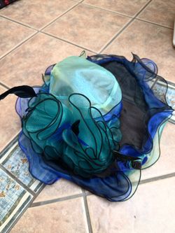 Womens Wide Brim Organza Hat - Teal Blue Church Derby Hat with Feathers
