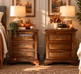Pair of Vintage Solid Wood 3-Drawer Nightstands Dovetail with Glass Tops – Traditional Oak Bedside