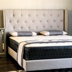 New Queen Size Khaki Bed Frame Complete With Mattress.  (And A Free Delivery)