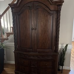 Armoire, Queen bed with two nightstands. Mattress not included