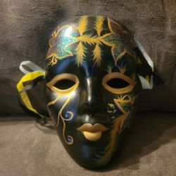 Mardi Gras Vintage Black Porcelain Ceramic Hand Painted Wall Hanging Face Mask 6"