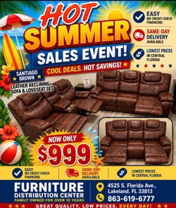 Limited time sale. Santiago Brown, leather reclining sofa and loveseat set only $999. Easy finance option. Same-day delivery.