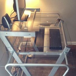 Tempered Glass And Galvanized Metal desk on casters - Unique,  One of a kind boutique / designer item. 