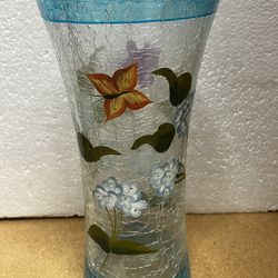 Tall Hand Painted Crackle Flower Vase Butterfly Hydrangeas Floral Farm Chic