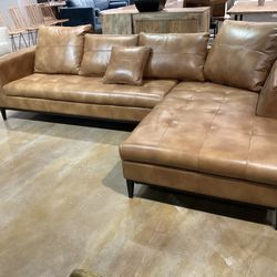 New 95” long cognac sofa with chaise top grain leather primitive collection