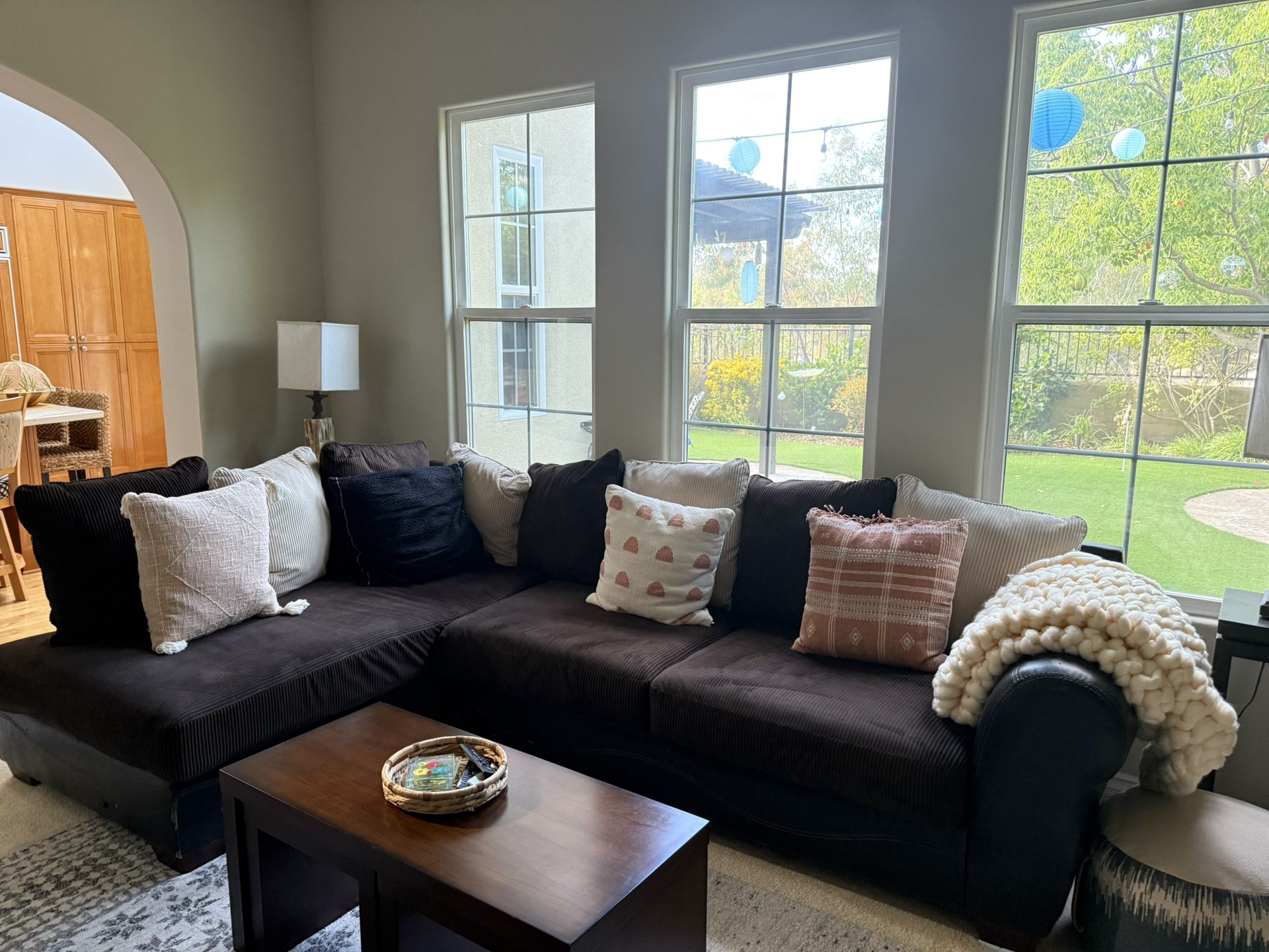 Brown/Corduroy Couch With Pillows