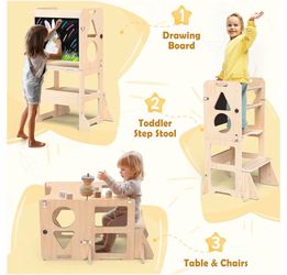 Woodure 4-in-1 Toddler Kitchen Step Stool, Foldable Learning Standing Tower with Blackboard, Wooden Kitchen Stool Helper for Kids, 1-3 Year Old Boy Gi