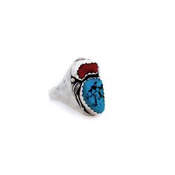 BAKER LB Jewelry Native American Sterling Silver Turquoise and Coral Ring