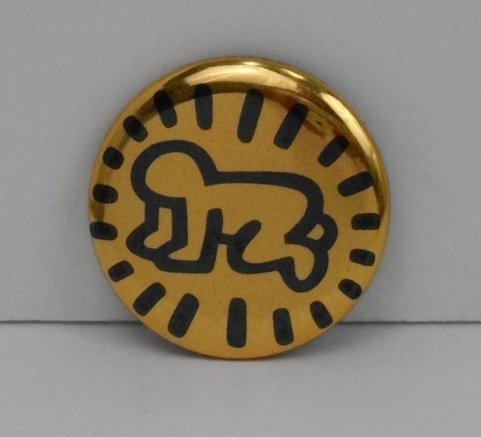 1988 Keith Haring Pop Art Lifetime Gold Tone Reflective Radiant Baby 1.4" Lapel Pinback Button