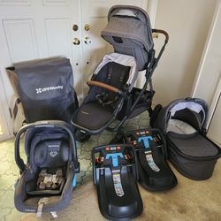Uppa Baby Vista 2 Stroller, Mesa car Seat, 2 Bases, Rumble Seat, Bassinet, Weather Protector & Travel Bag