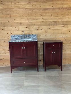 Luxury Cultured Marble Bathroom Vanity Set – Deep Cherry Wood + Matching Side Cabinet